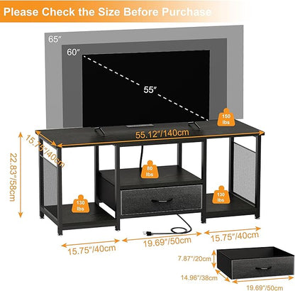 TV Stand with Drawers and Power Outlet for 65 60 55 Inch TV, Entertainment Center with Open Storage Shelves, Industrial Media TV Console Table for Living Room Bedroom Office, Black