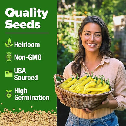 HOME GROWN Banana Pepper Seeds 2 Pack (Capsicum annuum) – 188 Heirloom Seeds, High Germination Vegetable Seeds – Growing Sweet Banana Peppers Indoors or Garden