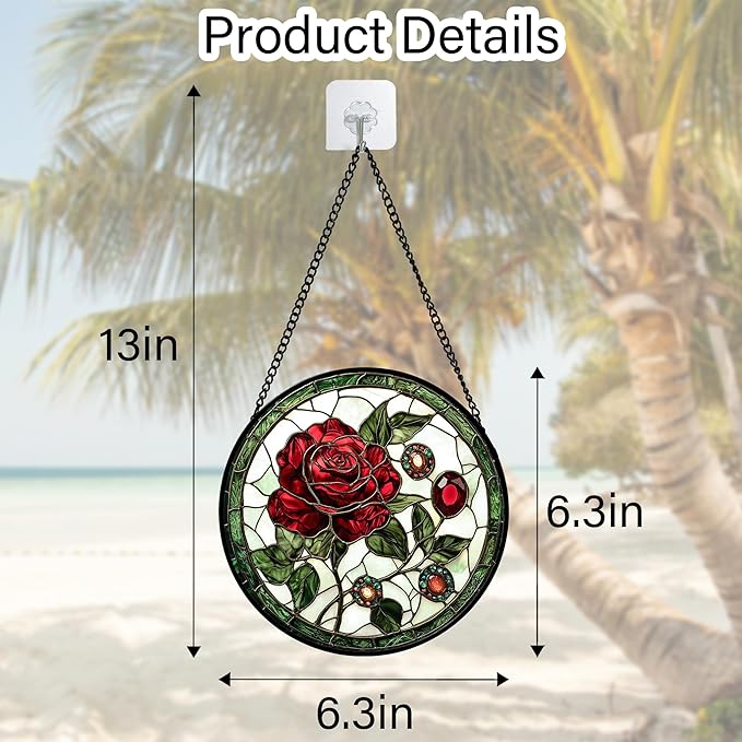 Stained Glass Window Hanging, Red Rose Gemstone Green Sun Catchers Diamond Glass Panel Hangings Suncatcher Decor for Birthday for Women, Men, Wife, Aunt, and Mom 6.3 in