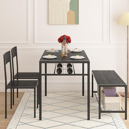 VECELO Kitchen Dining Room Table with 2 Chairs & Bench, Compact Space-Saving Design, Easy Assembly Steel Frame, Perfect for Small Apartments & Breakfast Nooks，Industrial