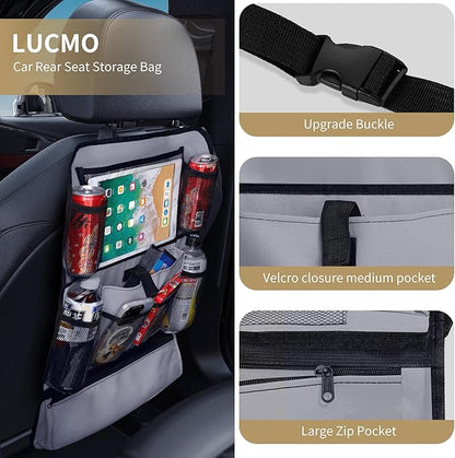 LUCMO Car Backseat Organizer with Touch Screen Tablet Holder-2 Pcs,9 Storage Pockets Car Storage Organizer Protectors Kick Mats Travel Accessories for Kids-Grey