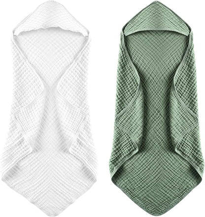 MUKIN Baby Hooded Towels, Muslin Cotton, 2-Pack, for Newborn, Infant, Toddler and Kids (White,Dark Green)