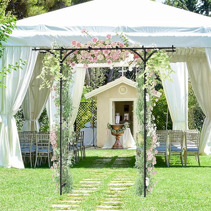 LDAILY Wedding Arch, 6.8FT Rustproof Metal Garden Arbor with Extended Roof & 4 Stakes, Outdoor Plant Support for Vines Roses, Decorative Trellis for Climbing Plants Outdoor for Lawn Wedding Ceremony