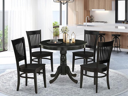 East West Furniture ANVA5-BLK-W 5 Piece Modern Dining Table Set Includes a Round Kitchen Table with Pedestal and 4 Dining Room Chairs, 36x36 Inch, Black