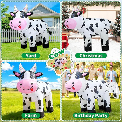4FT Christmas Spring Farm Ranch Inflatable Cute Farm Cow Blow up Decoration with LED Light Outdoor Indoor Yard Graden Lawn Party Holiday Decor