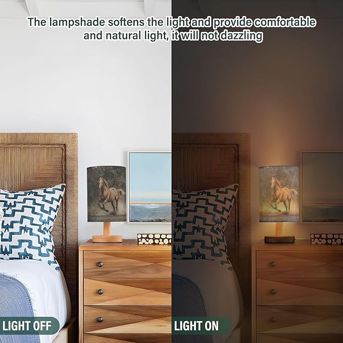 Table Lamp Horse Running in Woodland Nightstand Lamp with Wood Base Fabric Lamp Shade Bedside Desk Lamp for Living Room Bedroom Kids Room Office