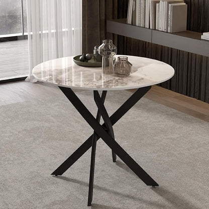 Marble Round Dining Table for 2-4 with Metal Legs, 31.5 Inch Sintered Stone Modern Small Kitchen Table for Dining Room Kitchen Apt (White)