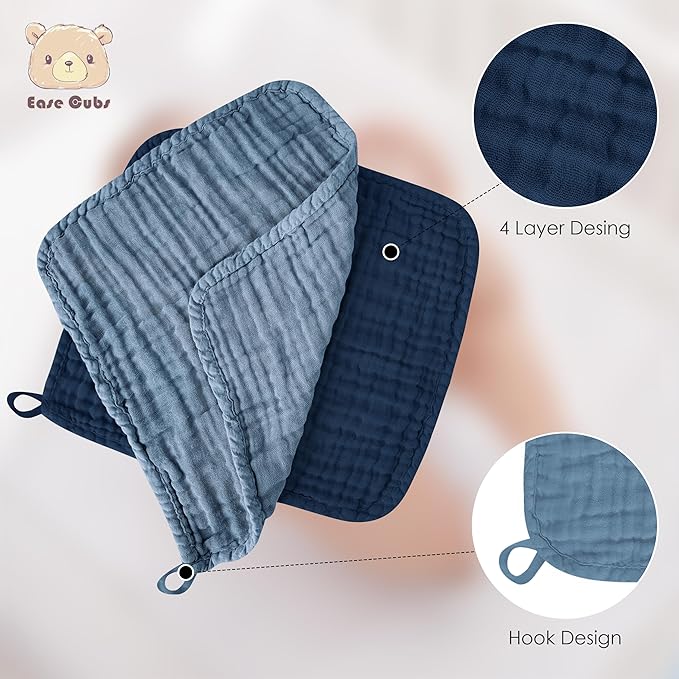 Ease Cubs 12 Pack Muslin Washcloths for Baby - 100% Cotton Baby Wash Cloths for or Baby Face Body Comfy and Soft for Newborn Infants Kids Girls and Boys - 12"x12" - Slate, Grey and Navy Series
