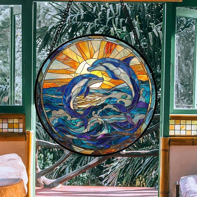 Stained Glass Window Hanging, Blue Dolphin Sun Catchers Colorful Glass Panel Sunrise Sea View Suncatcher Decor for Birthday for Women, Men, Wife, Aunt, and Mom 14.9x14.9 in