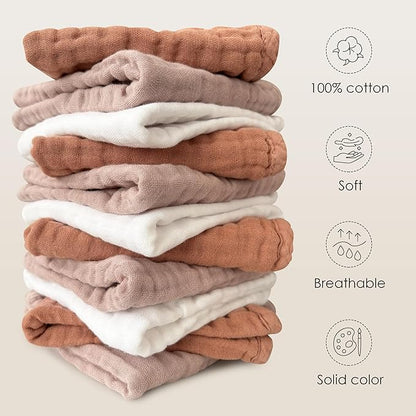 Sunny zzzZZ Baby Muslin Washcloths -100% Cotton Muslin Soft Absorbent Large Baby Bath Wash Cloths for Newborns Kids Girls and Boys -12 Pack, 12x12 Inches - White+Light Bean Paste Series