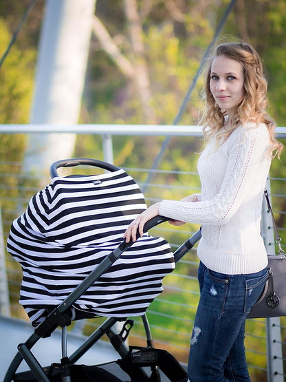 JLIKA Baby Car Seat Covers - Stretchy Infant Canopy and Nursing cover for breastfeeding newborns infants babies girls boys best shower gift maternity apron infinity scarf carseats! (Coral/Navy Stripe)