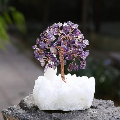 Amethyst Crystal Tree of Life with White Aura Base – Gemstone Tree for Shelf & Home Bedroom Decor – Crystals and Healing Stones, Cute Purple Birthday Gifts & Housewarming Gifts for Women Mom Sister