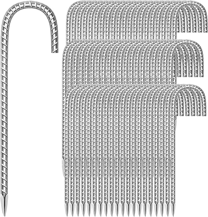 60 Pack Ground Garden Rebar Stakes Rebar 12 Inch Anti-Rust Galvanized Steel J Shape Hook Heavy Duty Ground Anchors for Tents, Position Kits,Fences, and Trampolines Landscape Fabric
