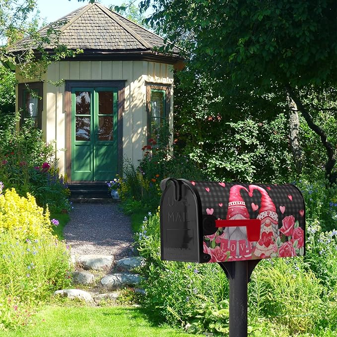 Valentine's Day Gnomes Magnetic Mailbox Cover - Love Hearts, Oversized Red Rose, Buffalo Plaid Humor Letter Post Box Wrap - Large Size 25.5 X 21 Inch