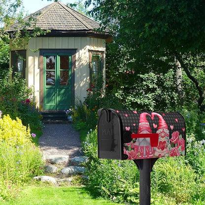 Valentine's Day Gnomes Magnetic Mailbox Cover - Love Hearts, Oversized Red Rose, Buffalo Plaid Humor Letter Post Box Wrap - Large Size 25.5 X 21 Inch