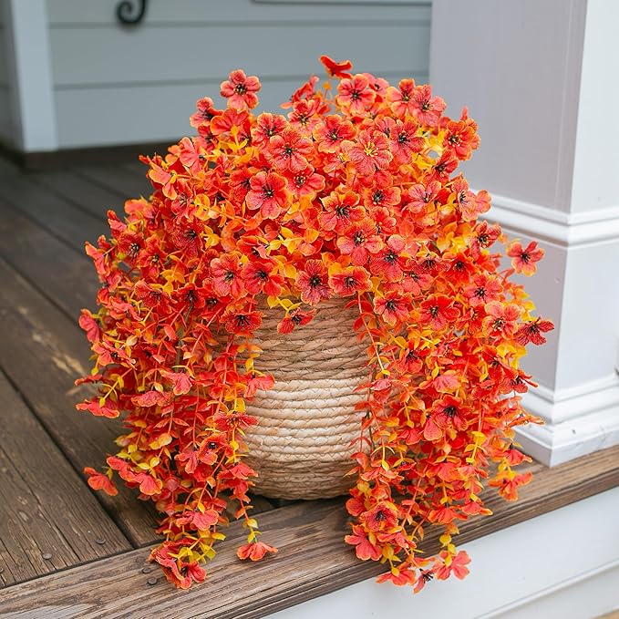 INSPRING Fall Artificial Flowers for Outdoors Fake Silk Flower, 2Pcs Red Orange Daisy Autumn Decor, Realistic Hanging Decoration Plants, UV & Fading Resistant for Porch Patio Balcony Planter