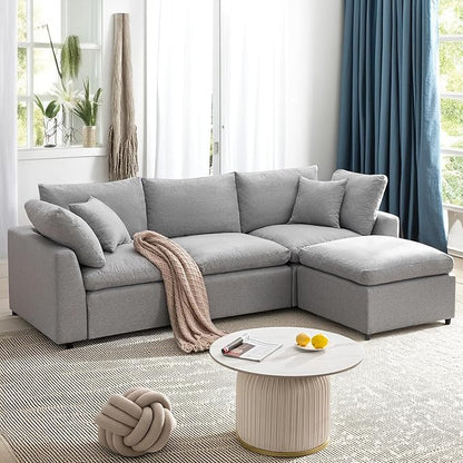 104.3 Inch L-Shaped Modular Sectional Sofa with Reversible Chaise and Pillows, Down Filled Upholstered Convertible Corner Couch for Living Room, Bedroom, Office, Apartment, Light Gray