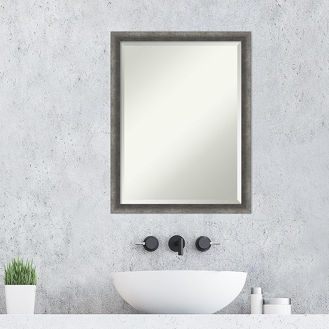 Amanti Art Grey Wall Mirror 26x20 Burnished Concrete Narrow Rectangle Bathroom Mirror for Wall Decor Living Room, Medium Modern Contemporary Wood Frame, Hangs Horizonally and Vertically, Bathroom