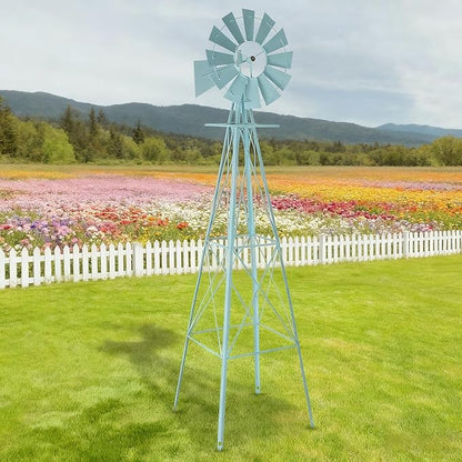 8FT Windmill for Yard Garden Decoration with Weather Vanes，Heavy Duty Outdoor Wind Mills, Large Metal Outdoor Windmill,Weather Resistant,Blue