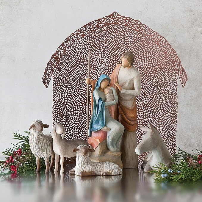 Willow Tree Sheltering Animals for The Holy Family, Giving Watch, Warmth, Protection, Gray-White Standing Goat, Gray Donkey, 2 White Sheep, Sculpted Hand-Painted Nativity Scene Figures, 4-Piece Set