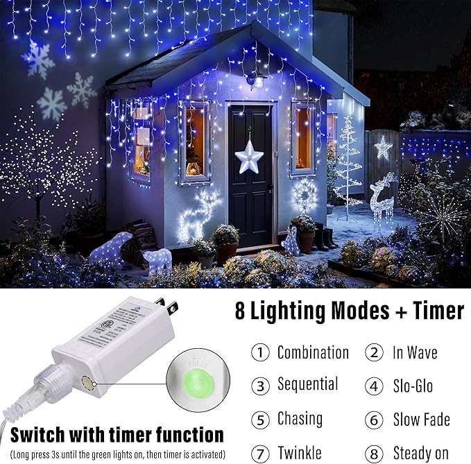 Joomer Christmas Icicle Lights - 33FT Plug in String Lights Waterproof, 8 Modes Timer Connectable Outdoor String Light for Christmas Party, Eaves, Roofs, Xmas Decorations (White+Blue)