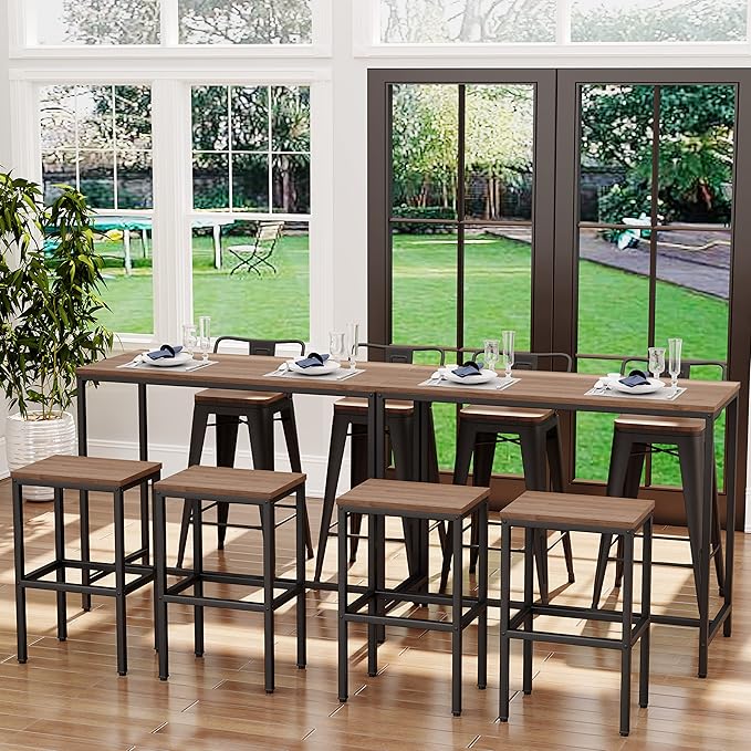 Aklaus Bar Table and Chairs Set 44" Dining Table Set Pub Bar Table with 2 Stools 3-Piece Kitchen Breakfast Table Set for Living Room Dining Room Sturdy Metal FrameBrown
