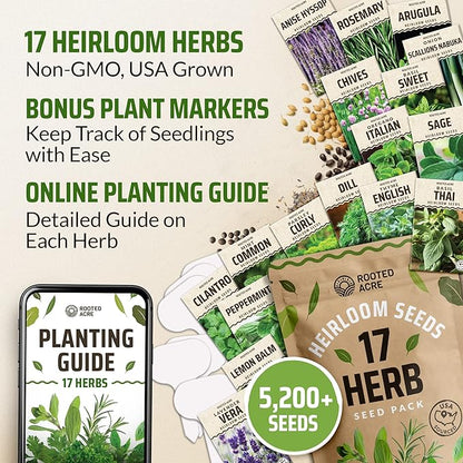 17 Herb Culinary Seed Vault – 5200+ Heirloom Seeds for Indoor/Outdoor or Hydroponic Gardens – High Germination | Cilantro, Mint, Chives, Basil, Parsley & More