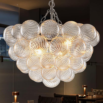 Hand Blown Glass Bubble Ball Chandelier Nickel-Plated 20" Small Pendant Lights Swirled Art Deco Cluster Ribbed Globe Blown Glass Chandeliers for Dining Room Bathroom Entry Bedroom