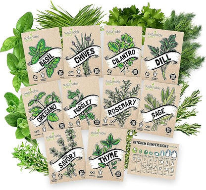 Culinary Herb Seeds Variety Pack: 10 Spice Herbs, Hydroponic Garden Indoors, Heirloom Planting Basil, Parsley, Sage, Thyme, Rosemary, Cilantro, Chives Dill Oregano, Summer Savory by Sustainable Sprout