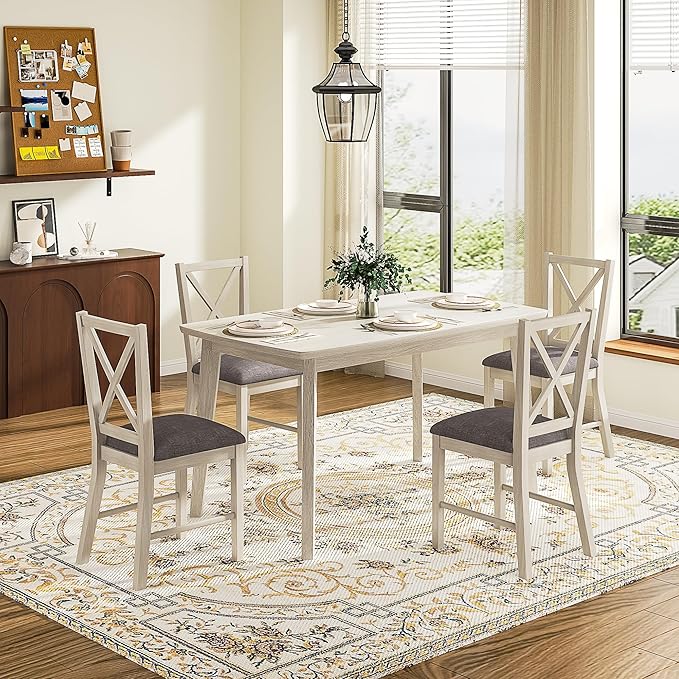 5-Piece Dining Table Set for 4, Solid Wood Kitchen Table Set with 4 Upholstered Dining Chairs, 47'' Farmhouse Structure Table & Chair Set for Kitchen, Dining Room, Restaurant, Washed Gray