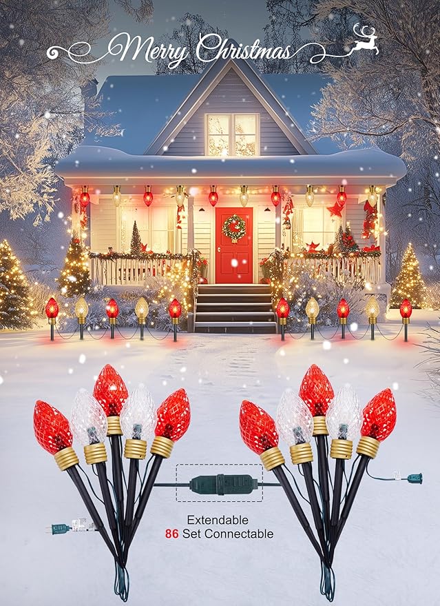 Strawberry Jumbo C9 Christmas Pathway Lights Outdoor - 8.5 FT 5 LED Large C9 Pathway Lights, Hanging Jumbo Christmas Light Outdoor Decorations for Lawn Holiday Yard, Red & Warm White