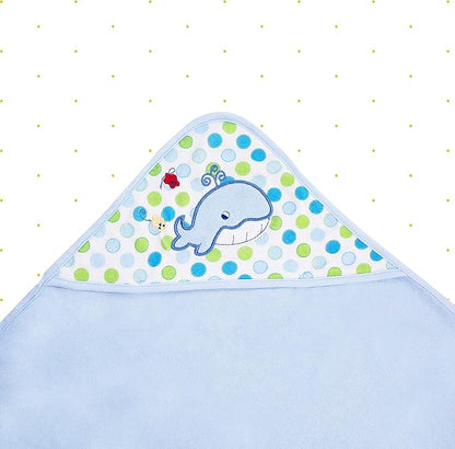 Spasilk Baby Bath Hooded Terry Towel with 3 Washcloths, Baby Bath Essentials, One Size, Blue Whale