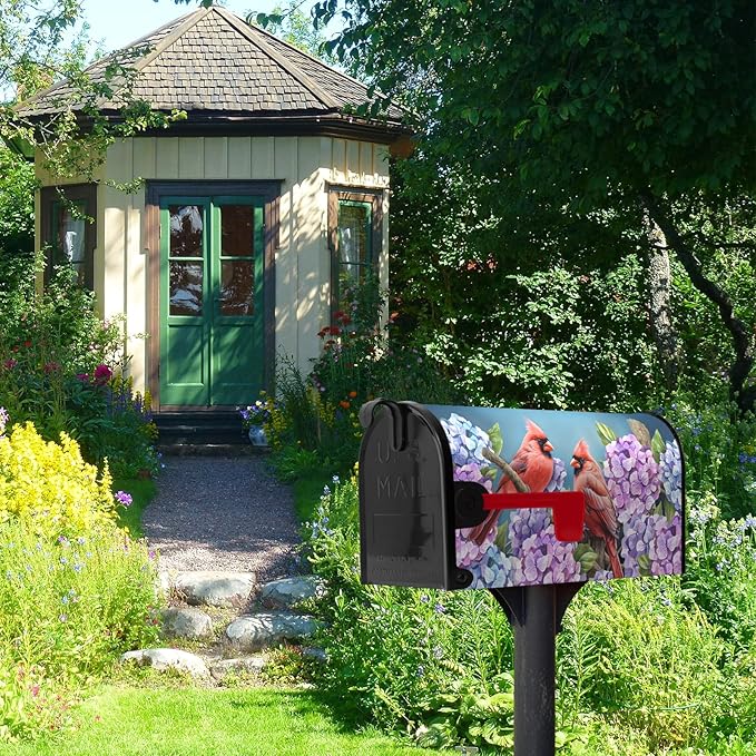 Spring Mailbox Covers Magnetic Oversized Cardinal Hydrangea Mailbox Post Cover Summer Flowers Bird Mailbox Wrap Colorful Floral Mailboxs Waterproof for Garden Yard Large Size 25.5x21 Inch