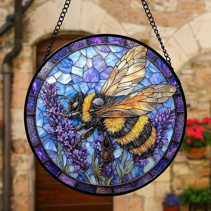 Stained Glass Window Hanging, Bee Lavender Sun Catchers Diamond Glass Panel Hangings Insect Suncatcher Decor for Birthday for Women, Men, Wife, Aunt, and Mom 11.8x11.8 in