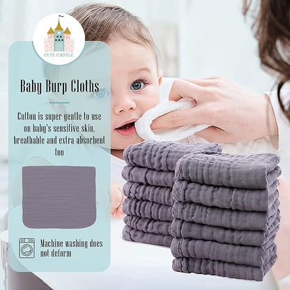 Cute Castle 12 Pack Muslin Burp Cloths for Baby - Ultra-Soft 100% Cotton Baby Washcloths - Large 20'' by 10'' Super Absorbent Milk Spit Up Rags - Burpy Cloths for Unisex, Boy, Girl - Grey