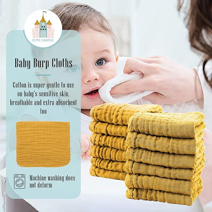 Cute Castle 12 Pack Muslin Burp Cloths for Baby - Ultra-Soft 100% Cotton Baby Washcloths - Large 20'' by 10'' Super Absorbent Milk Spit Up Rags - Burpy Cloths for Unisex, Boy, Girl - Honey