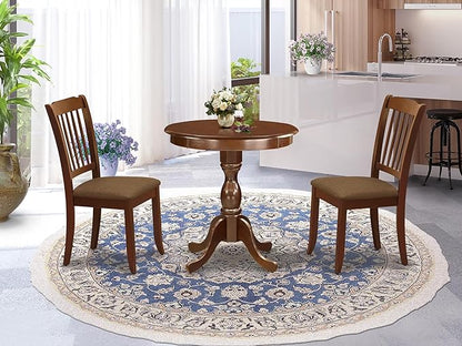 East West Furniture ESDA3-MAH-C 3 Piece Kitchen Table Set for Small Spaces Contains a Round Dining Table with Pedestal and 2 Linen Fabric Dining Room Chairs, 30x30 Inch, Mahogany