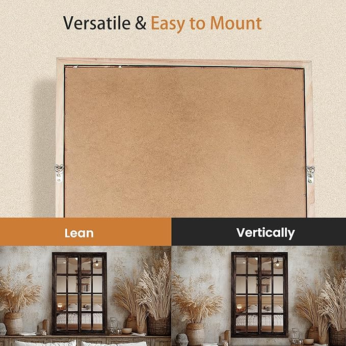 Wall Mirror with Window Design, 36"x24" Rustic Farmhouse Wood Mirror for Wall Decor, Decorative Vintage Mirror for Living Room, Bedroom, Entryway