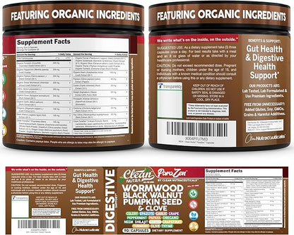 Clean Nutra Wormwood Black Walnut Pumpkin Seed Clove Oil Celery Garlic Grape Papaya Neem Diatomaceous Earth Womens Probiotic Gut Health Cleanse Detox Oregano Olive Turmeric Supplement Vegan Capsules