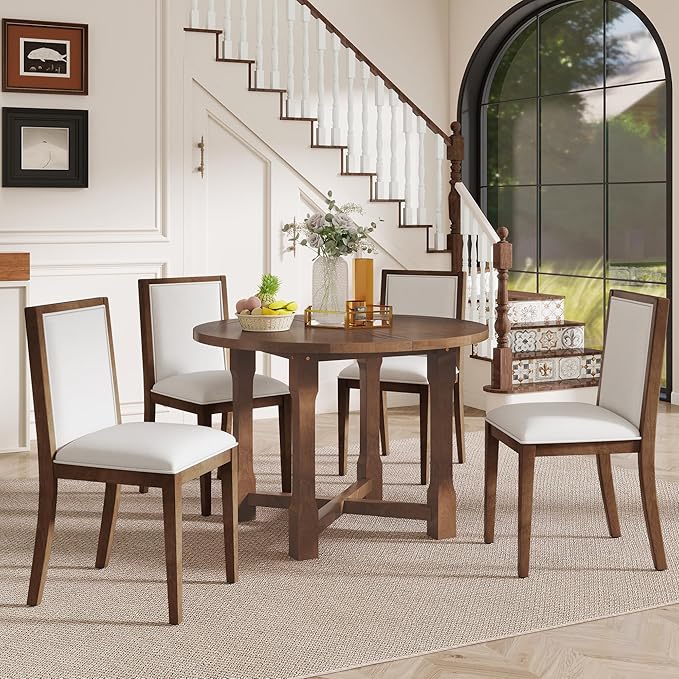 Ball & Cast Farmhouse 5 Pieces Dining Table Set with 4 Upholstered Chairs,Wooden Living Room Furniture for 4 W/ 57.7" Extendable Dining Table,Easy Assemble&Clean,for Dining Room,Bistro,Apartment,Brown