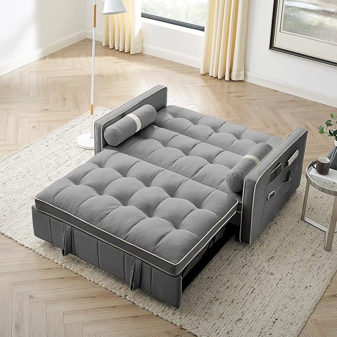 ERYE 3 in 1 Tufted Sleeper Sofa Bed with Cylindrical Pillows,Modern Convertible Loveseat Sofá W Pull Out Sleep Couch Bed and Side Pockets,Velvet Upholstered Love Seat Sofabed for Living Room
