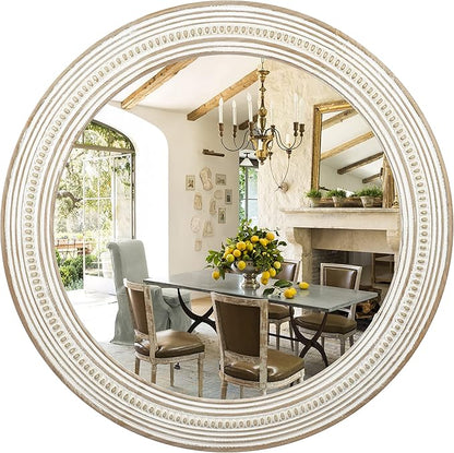 24 Inches Wood Round Mirrors for Wall Decor, Rustic Decorative Circle Mirror for Home, Office, Bedroom, Bathroom, Living Room, Entryway