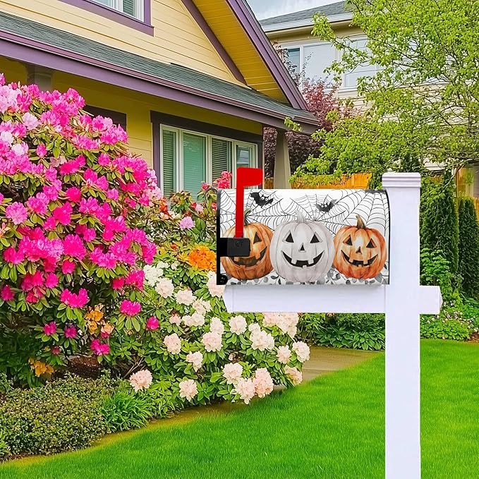 Halloween Pumpkin Mailbox Covers Bat Spider Web Mail Box Cover Magnetic Standard Size 21x18 inch Fall Autumn Post Letter Box Cover Outdoor Decor for Garden Eucalyptus Leaf
