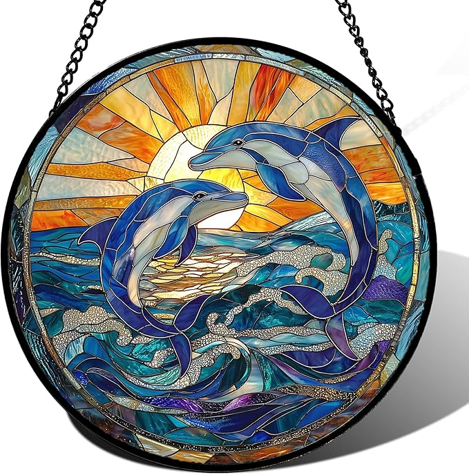 Stained Glass Window Hanging, Blue Dolphin Sun Catchers Colorful Glass Panel Sunrise Sea View Suncatcher Decor for Birthday for Women, Men, Wife, Aunt, and Mom 14.9x14.9 in
