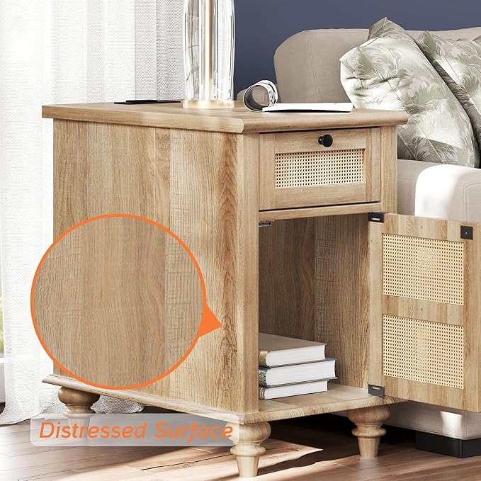 WAMPAT Set of 2 Rattan End Tables with Charging Station, Tall Side Tables Nightstand with Drawer & Storage Cabinet, Light Wood Bedside Table for Bedroom & Living Room, Burlywood