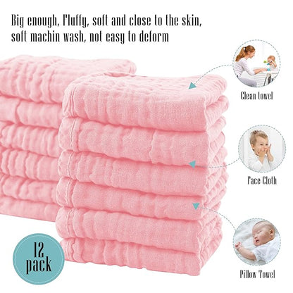 Cute Castle 24 Pack Muslin Burp Cloths for Baby - Ultra-Soft 100% Cotton Baby Washcloths - Large 20'' by 10'' Super Absorbent Milk Spit Up Rags - Burpy Cloths for Unisex, Boy, Girl - Pink
