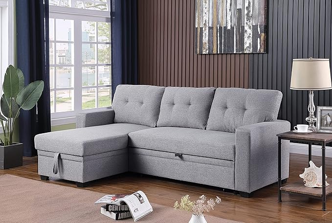 Devion Furniture Meridian 4-in-1 Convertible L Shaped Couch with Pull Out Bed and Storage, Sectional Sleeper Sofa with Reversible Chaise for Living Room, Apartment, Bedroom, Office
