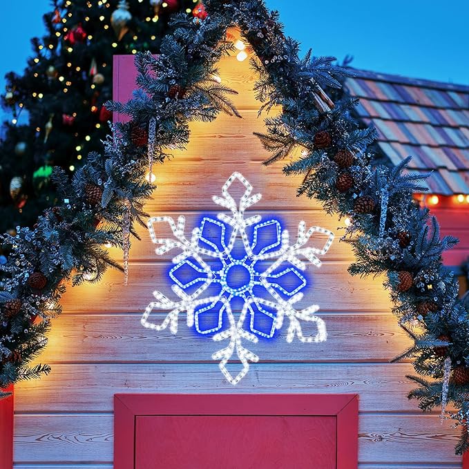 36 Inch Christmas Snowflake Lights Outdoor Decor, Waterproof Blue & White LED Large Light Up Christmas Snowflake Hanging Decorations for Yard Porch Window Holiday Party Winter
