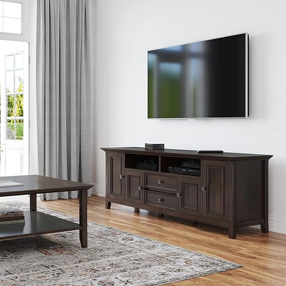 SIMPLIHOME Amherst 72-inch Wide Solid Wood TV Stand in Brunette Brown, Transitional-Style Media Console for Living Room with Cable Management and Adjustable Shelves, Fits 80" TVs