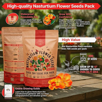 Nasturtium Seeds Pack 4 oz - Over 700 Non-GMO Heirloom Nasturtium Seeds for Planting, Edible Flowers in Individual Seed Packet for Planting Home Garden Indoor & Outdoor Gardening
